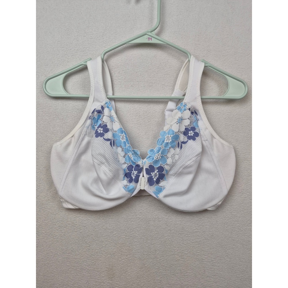 Glamorise 38DD Front Close Cotton WonderWire Bra 1241 White Blue Floral Lace